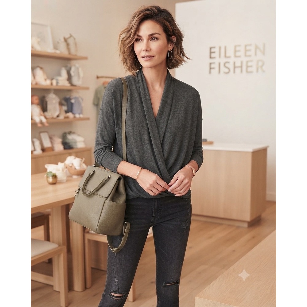 Eileen Fisher Charcoal Grey Tencel Merino Wool Wrap Front Twist Hem Top Small/p